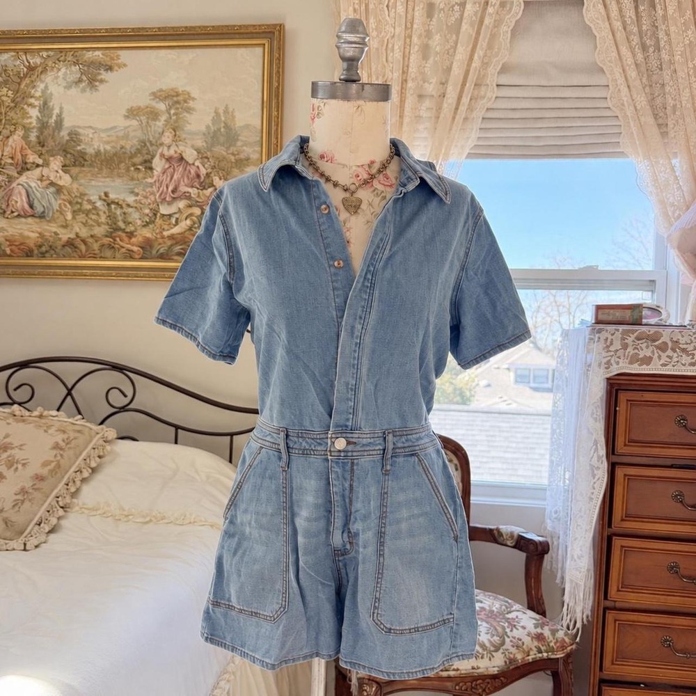 Jean romper  scoop denim short romper soft washed denim